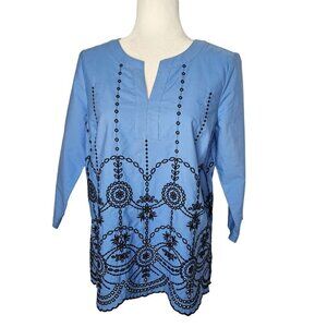 Talbots Blue Embroidered Top Size Medium Petite Blue Black Trim Scalloped Hem